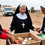**Prompt:** *A diverse group of volunteers, including Catholic nuns and international aid workers, distributing food and supplies to refugees in a war-torn region. Focus on expressions of compassion and resilience. Emphasize the collaborative nature of the effort, showcasing logos of Caritas Internationalis and UNHCR subtly in the background. Style: Documentary photography, realistic, high detail.*