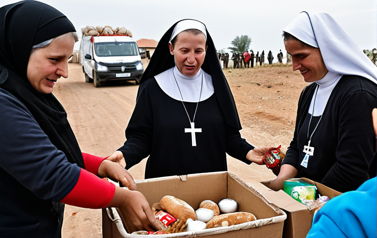 **Prompt:** *A diverse group of volunteers, including Catholic nuns and international aid workers, distributing food and supplies to refugees in a war-torn region. Focus on expressions of compassion and resilience. Emphasize the collaborative nature of the effort, showcasing logos of Caritas Internationalis and UNHCR subtly in the background. Style: Documentary photography, realistic, high detail.*